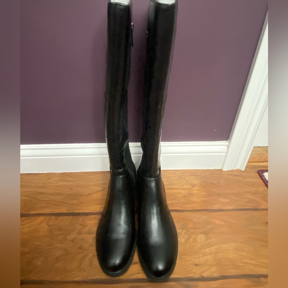 Anne Klein Black Leather and Fabric Boot - Picture 2 of 11